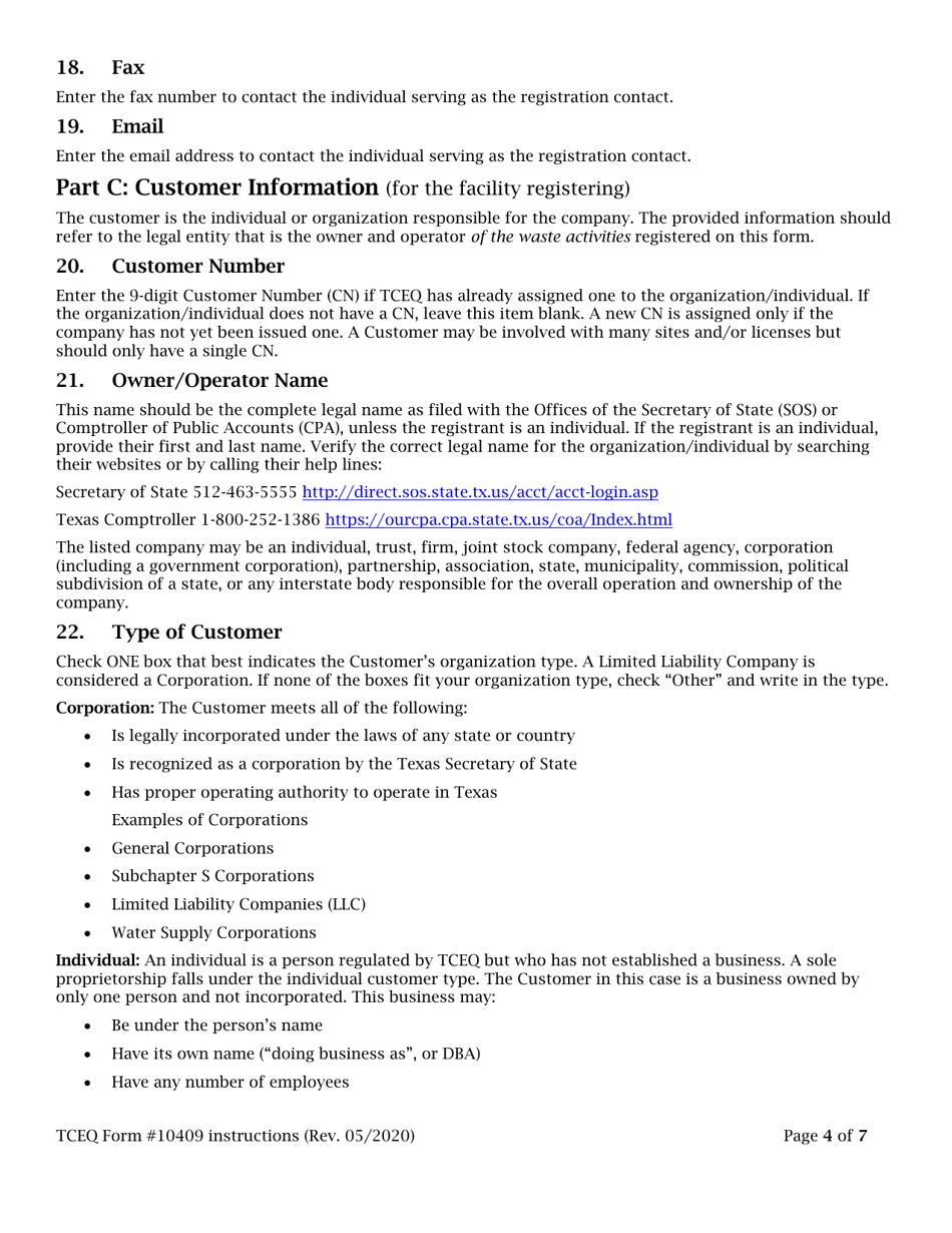 Instructions for Form TCEQ-10409 Application to Claim a Permit by Rule for a Stationary Compactor - Texas, Page 4