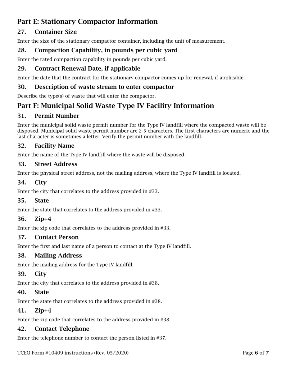 Instructions for Form TCEQ-10409 Application to Claim a Permit by Rule for a Stationary Compactor - Texas, Page 6