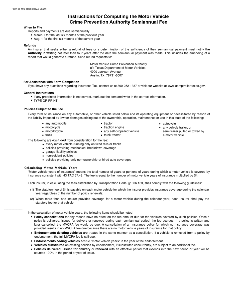 Form 25-106 Insurance Motor Vehicle Crime Prevention Authoritysemiannual Fee Report - January Through June - Texas, Page 2