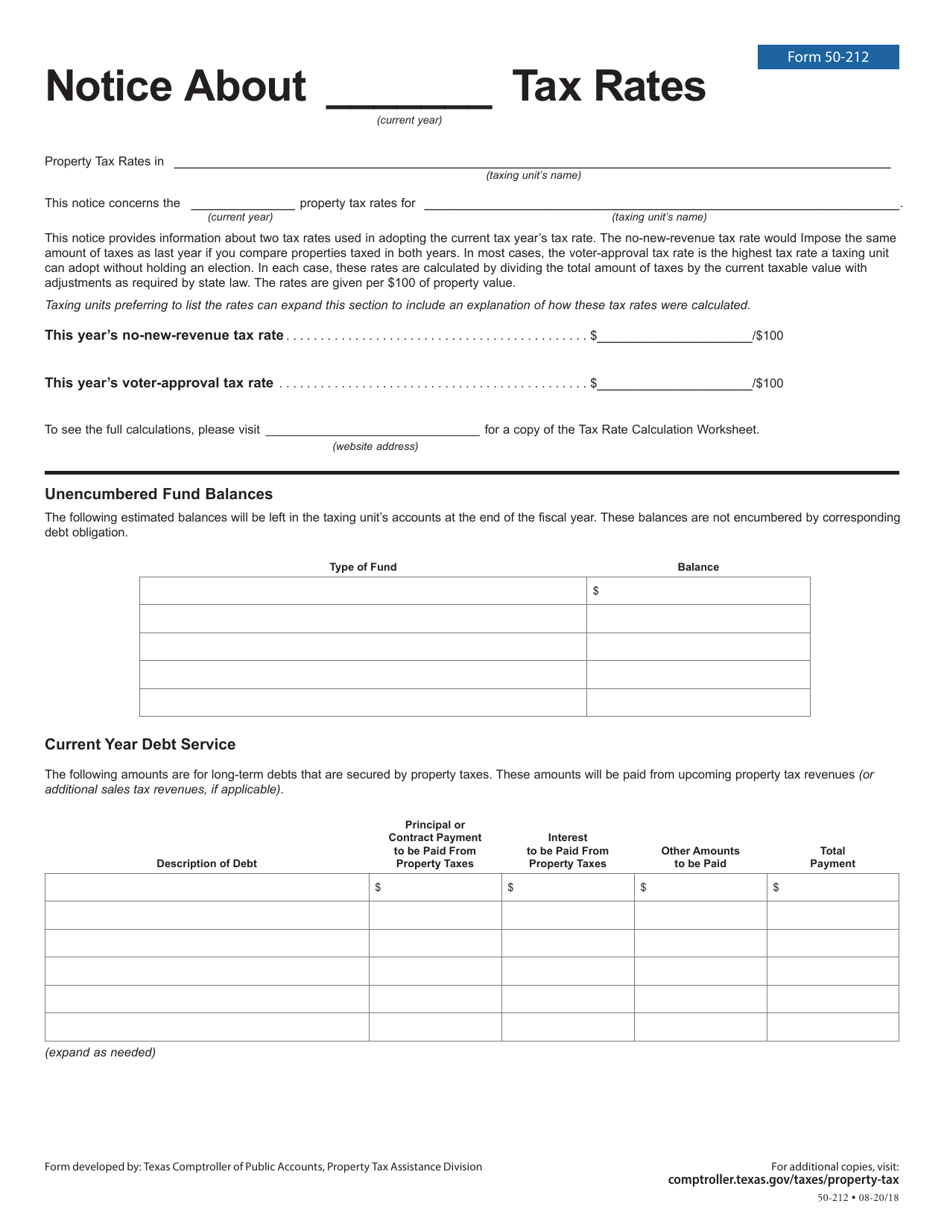Form 50-212 Notice of Tax Rates - Texas, Page 1