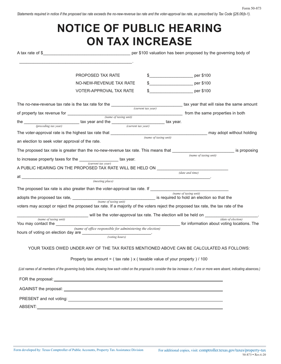 Form 50-873 Notice of Public Hearing on Tax Increase - Texas, Page 1
