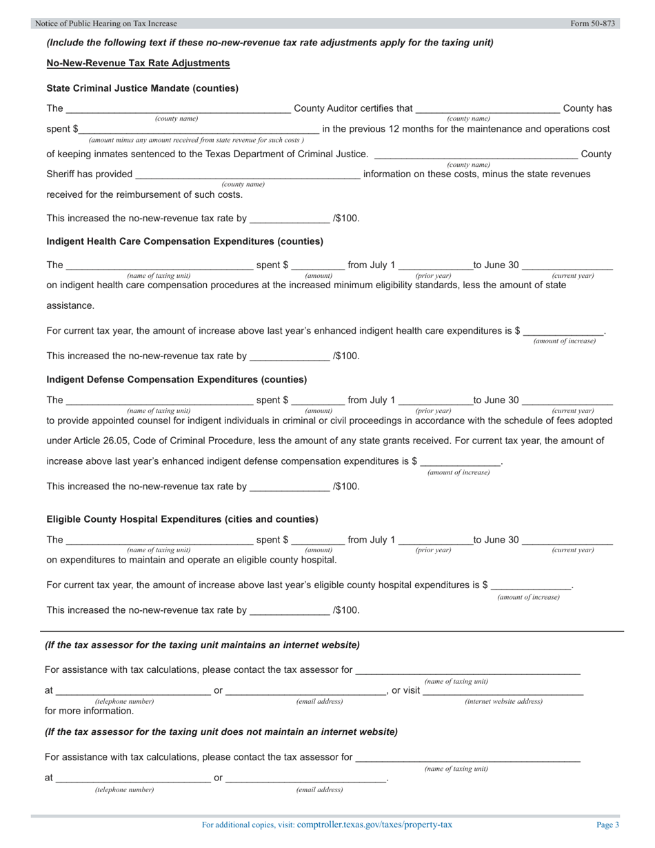 Form 50-873 Notice of Public Hearing on Tax Increase - Texas, Page 3