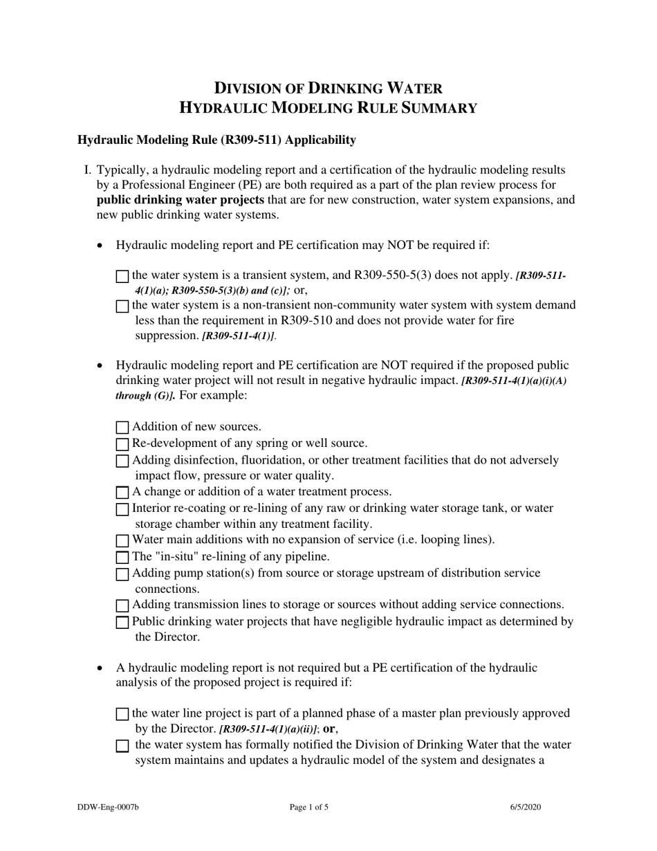 Form DDW-Eng-0007B Hydraulic Modeling Rule Summary - Utah, Page 1