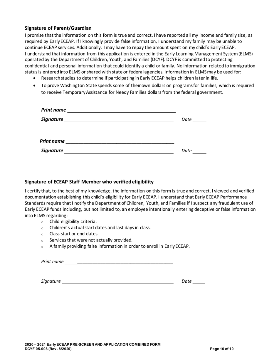 DCYF Form 05-008 Early Eceap Prescreen  Application (Combined Form) - Washington, Page 10