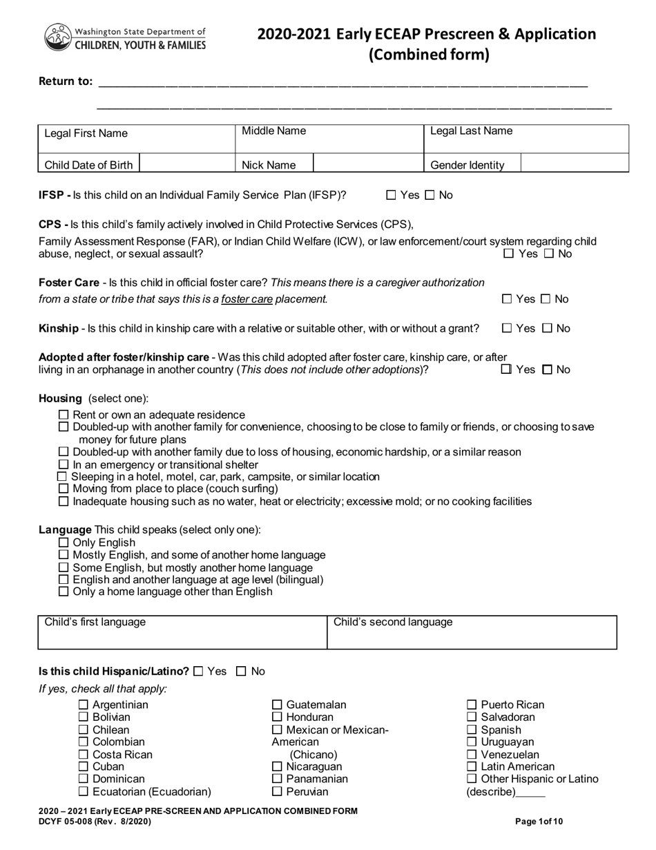 DCYF Form 05-008 Early Eceap Prescreen  Application (Combined Form) - Washington, Page 1