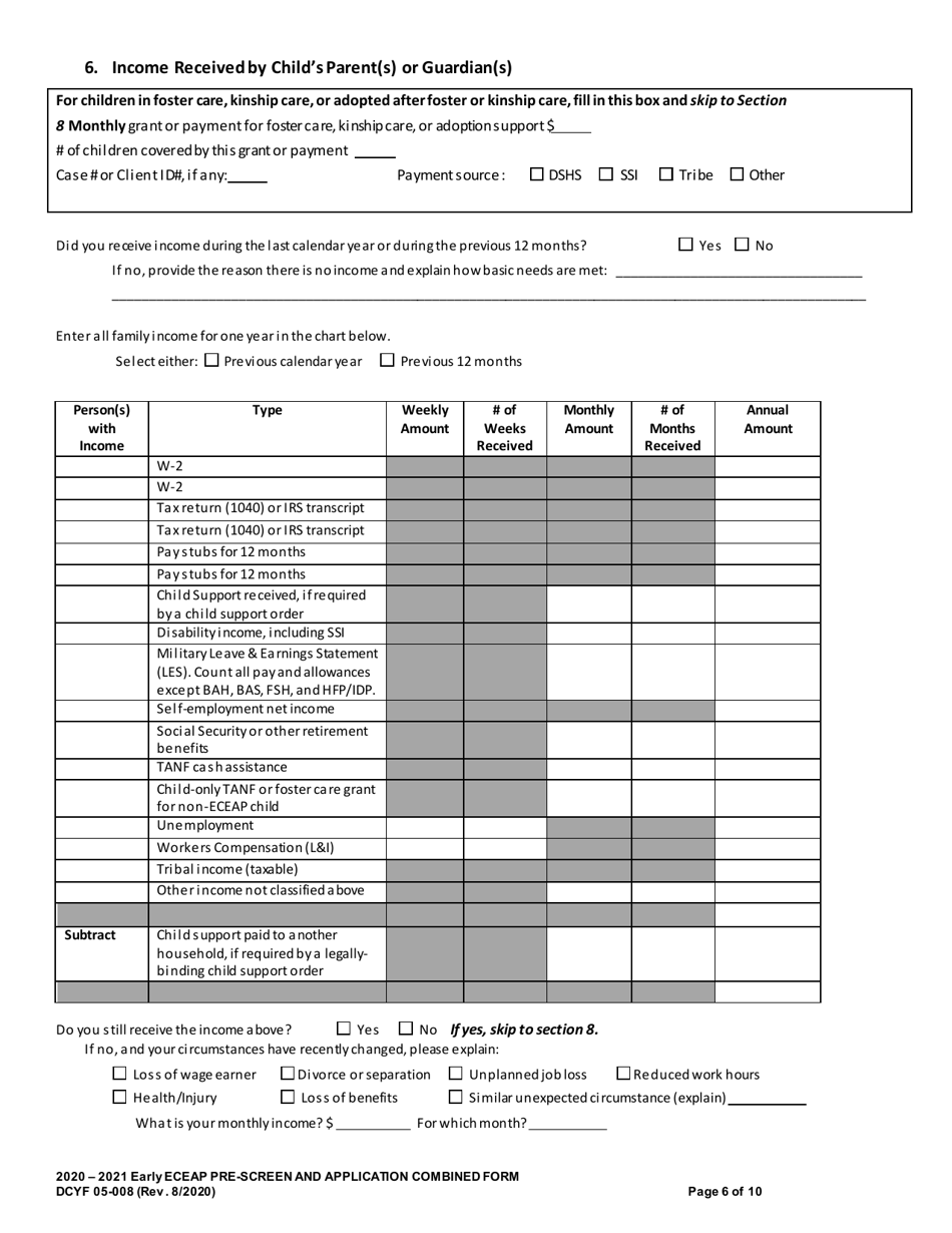 DCYF Form 05-008 Early Eceap Prescreen  Application (Combined Form) - Washington, Page 6