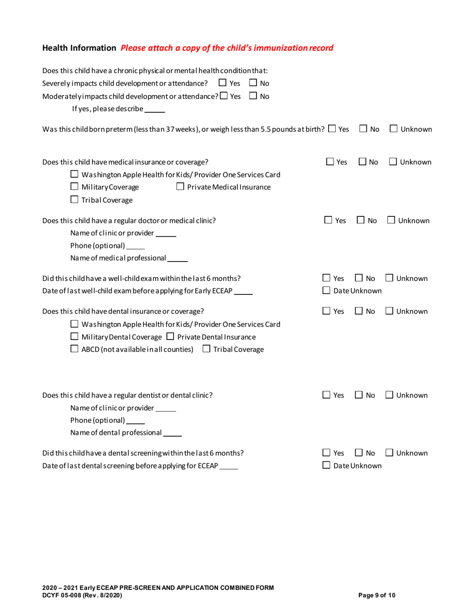 DCYF Form 05-008 Early Eceap Prescreen  Application (Combined Form) - Washington, Page 9