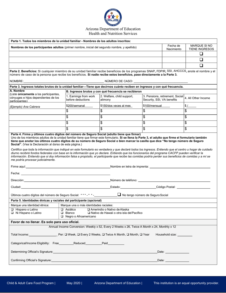 Meal Benefit Income Eligibility Form - Arizona (Spanish), Page 1
