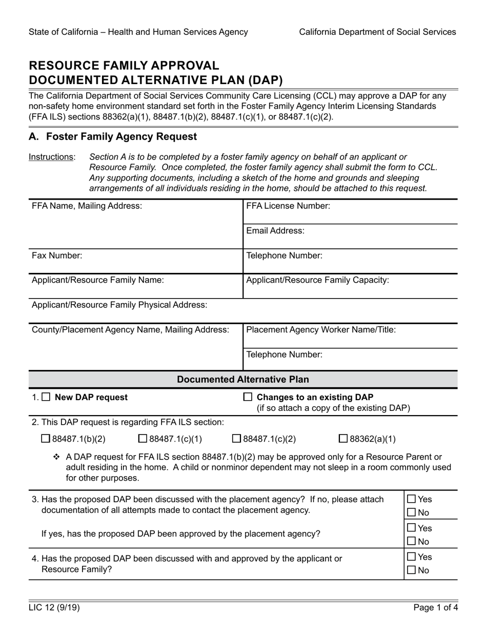 Form LIC12 Resource Family Approval Document Alternative Plan (Dap) - California, Page 1