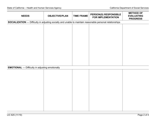 Form LIC625 Appraisal/Needs and Services Plan - California, Page 2