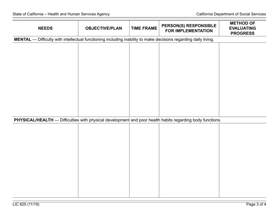 Form LIC625 Appraisal / Needs and Services Plan - California, Page 3