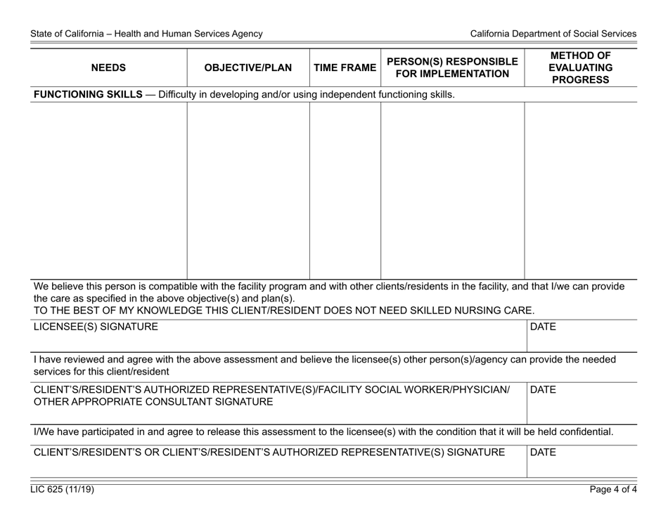 Form LIC625 Appraisal / Needs and Services Plan - California, Page 4