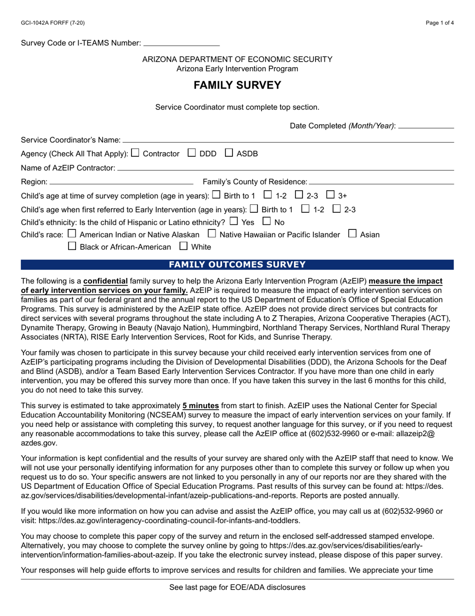 Form GCI-1042A Family Survey - Arizona, Page 1