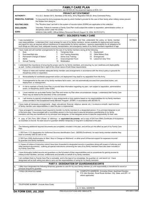 DA Form 5305  Printable Pdf