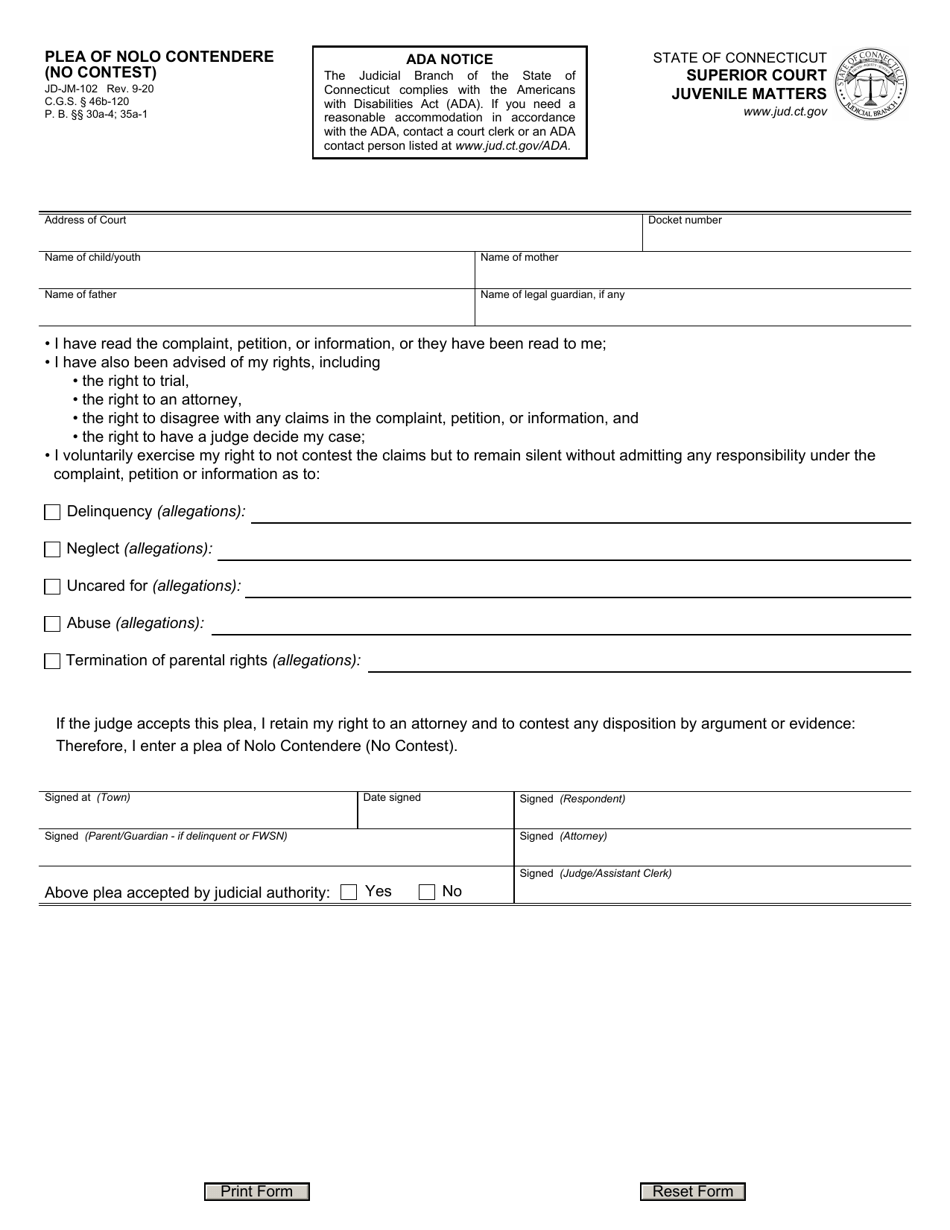 Form JD-JM-102 Plea of Nolo Contendere (No Contest) - Connecticut, Page 1