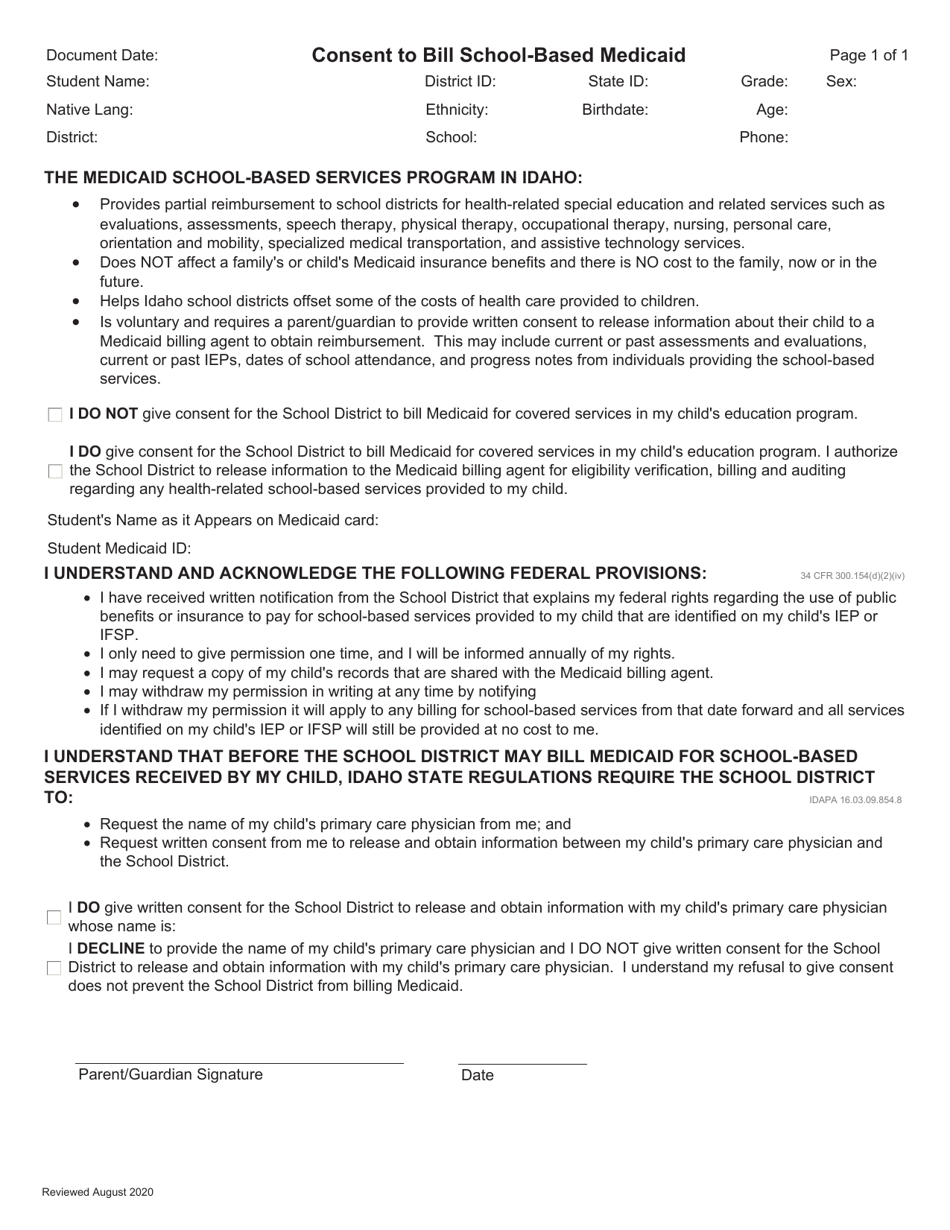 Consent to Bill School-Based Medicaid - Idaho, Page 1