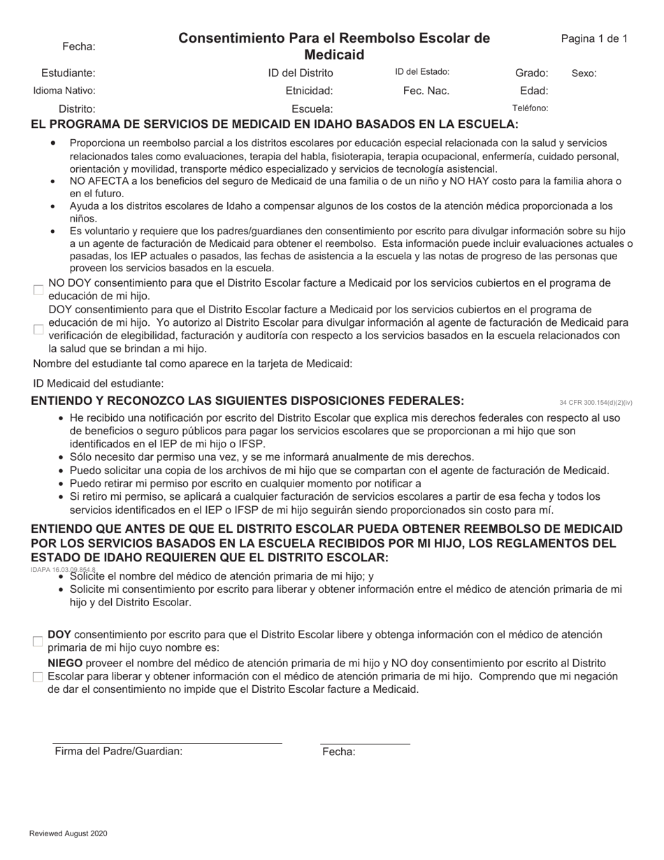 Idaho Consentimiento Para El Reembolso Escolar De Medicaid Download