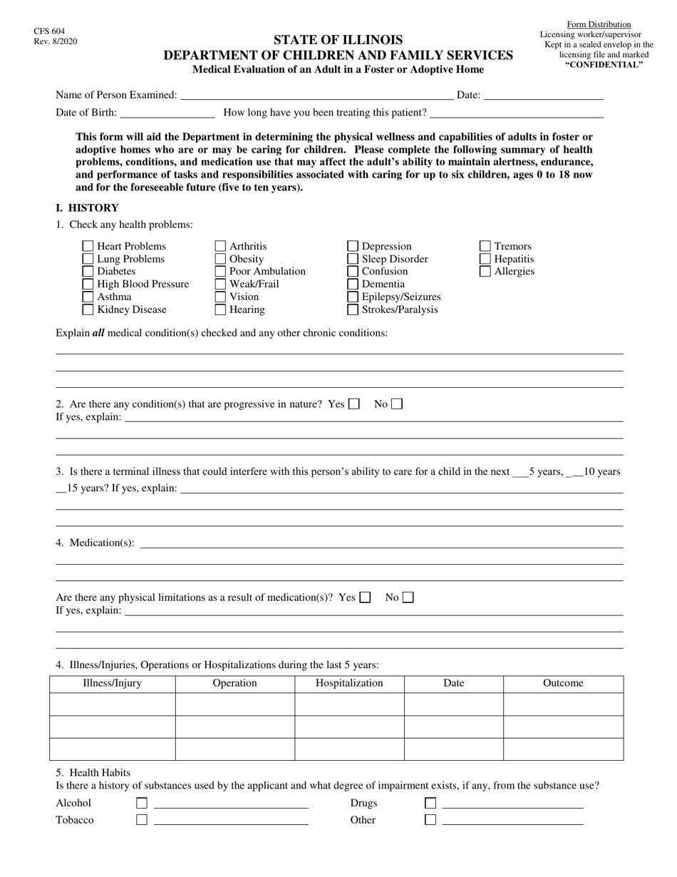 Form CFS604 Medical Evaluation of an Adult in a Foster or Adoptive Home - Illinois, Page 1