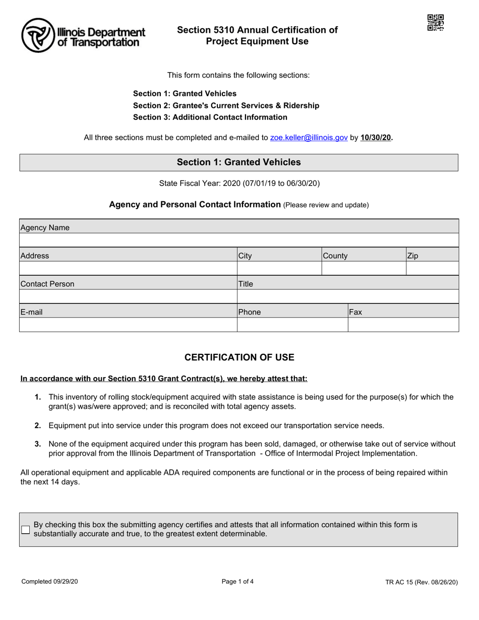 Form TR AC15 Section 5310 Annual Certification of Project Equipment Use - Illinois, Page 1