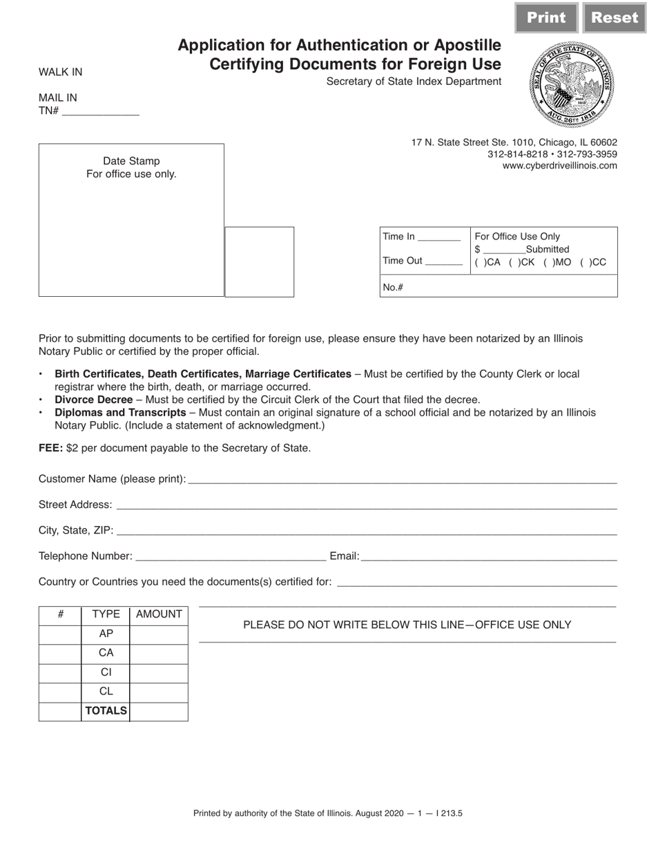 Form I213 Application for Authentication or Apostille Certifying Documents for Foreign Use - Illinois, Page 1