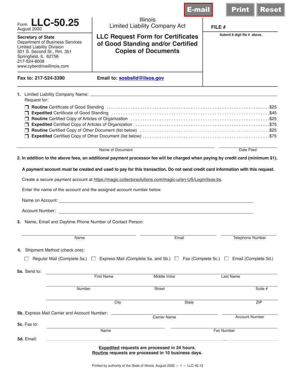 Form LLC-50.25 LLC Fax Transmittal Request Form for Certificates of Good Standing and/or Certified Copies of Documents - Illinois, Page 1