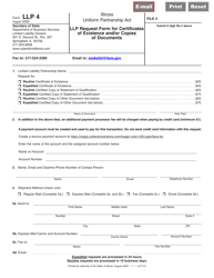 Form LLP4 LLP Fax Transmittal Request Form for Certificates of Existence and or Copies of Documents - Illinois