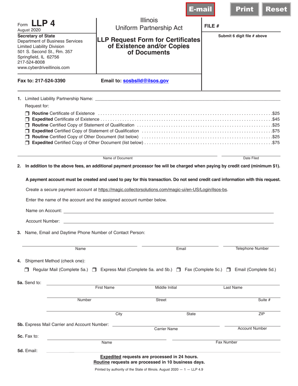 Form LLP4 LLP Fax Transmittal Request Form for Certificates of Existence and or Copies of Documents - Illinois, Page 1