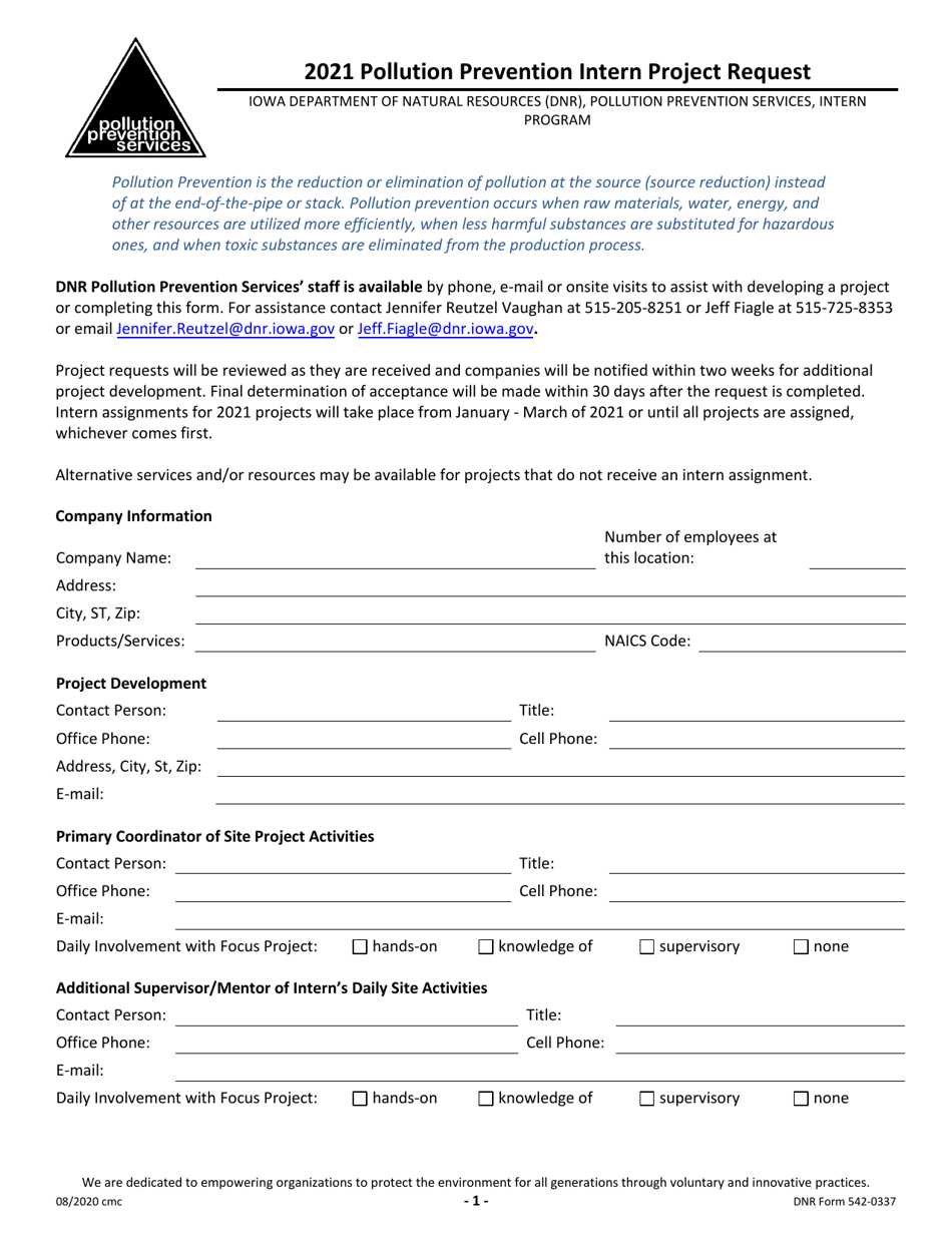 DNR Form 542-0337 Pollution Prevention Intern Project Request - Iowa, Page 1