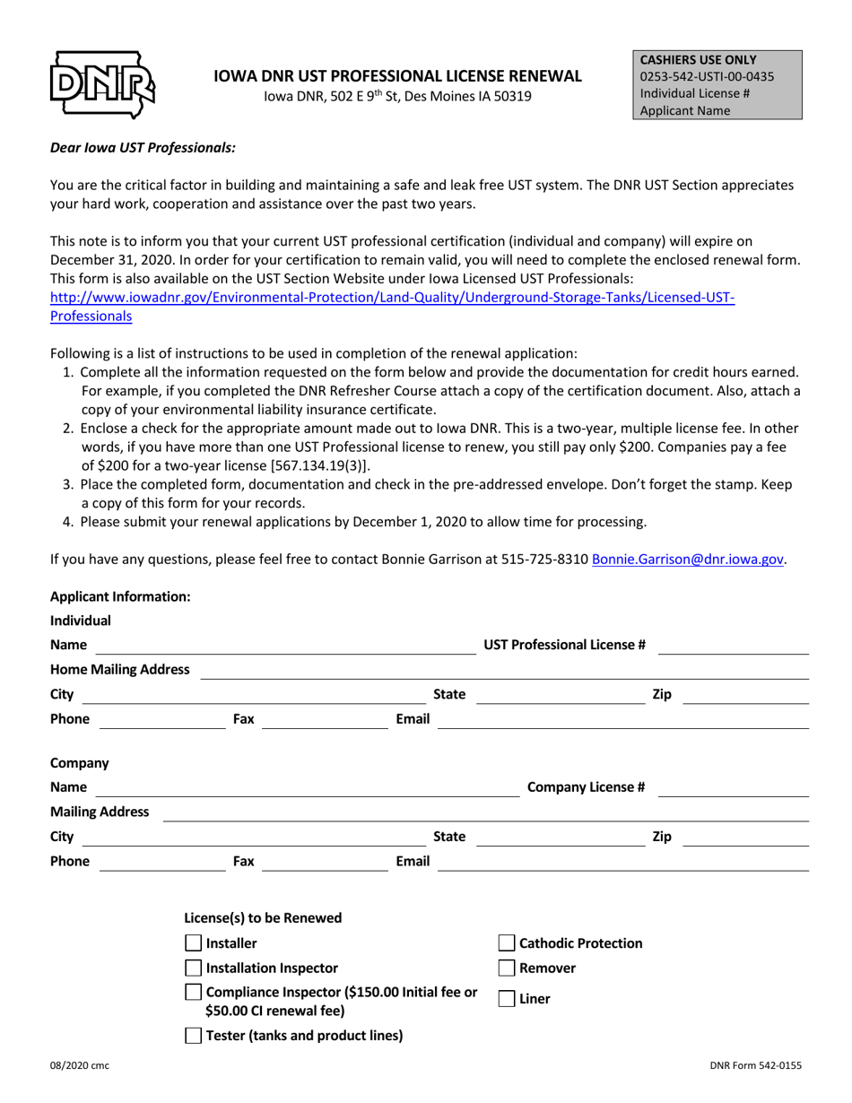 DNR Form 542-0155 Iowa DNR Ust Professional License Renewal - Iowa, Page 1