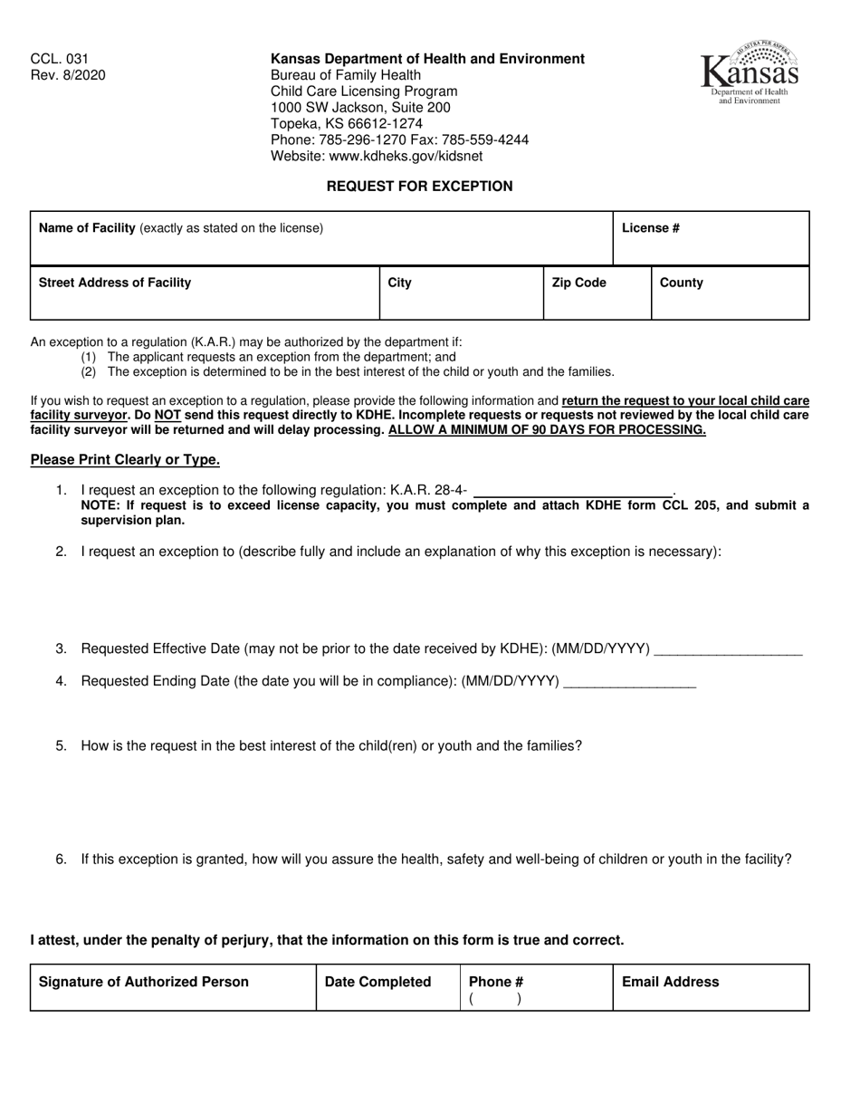 Form CCL.031 Request for Exception - Kansas, Page 1