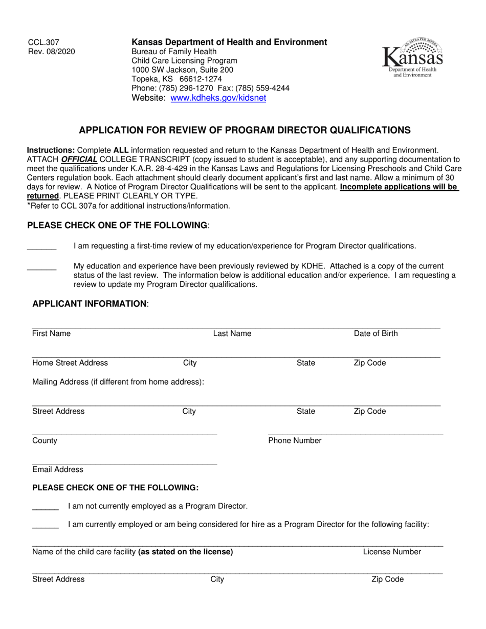 Form CCL.307 Application for Review of Program Director Qualifications - Kansas, Page 1