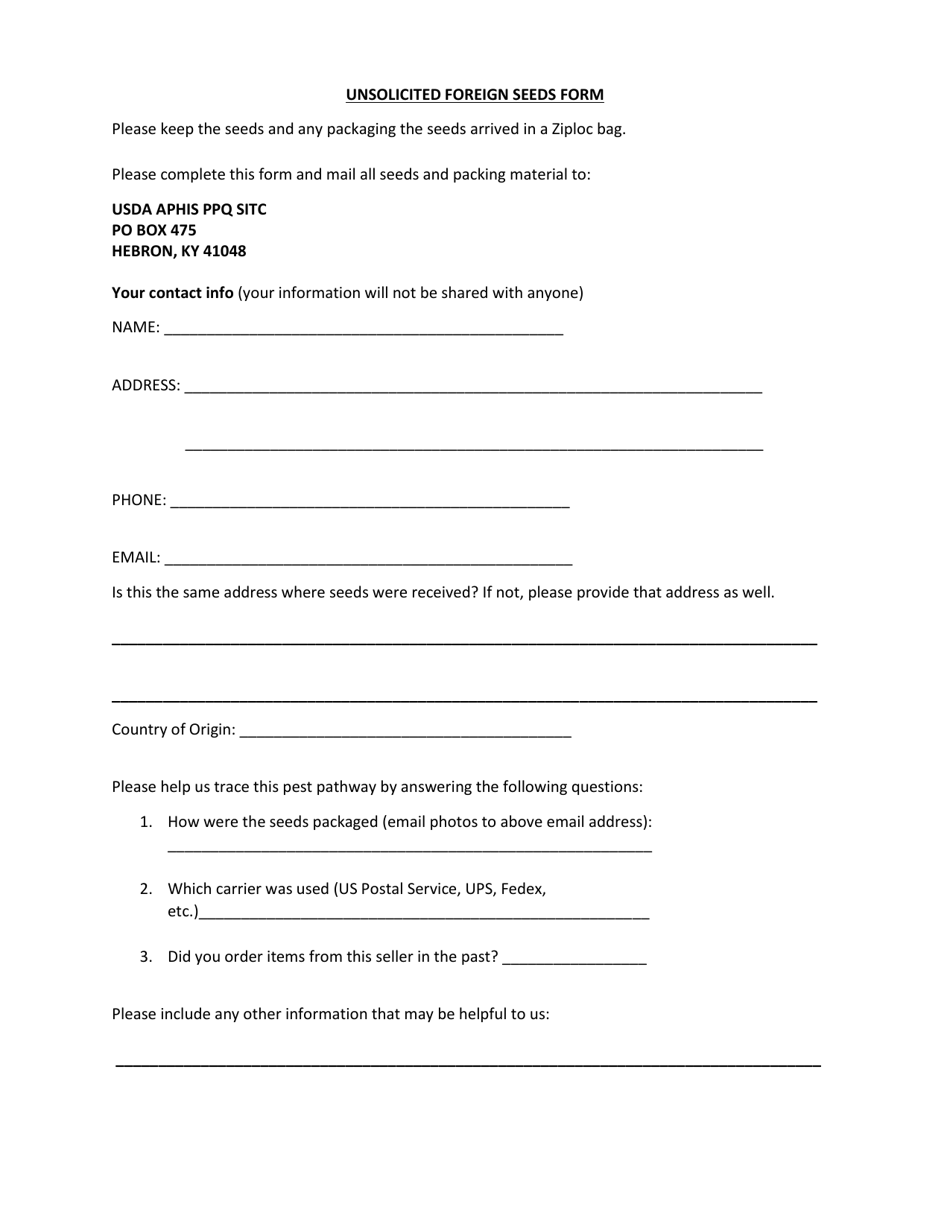Unsolicited Foreign Seeds Form - Kentucky, Page 1