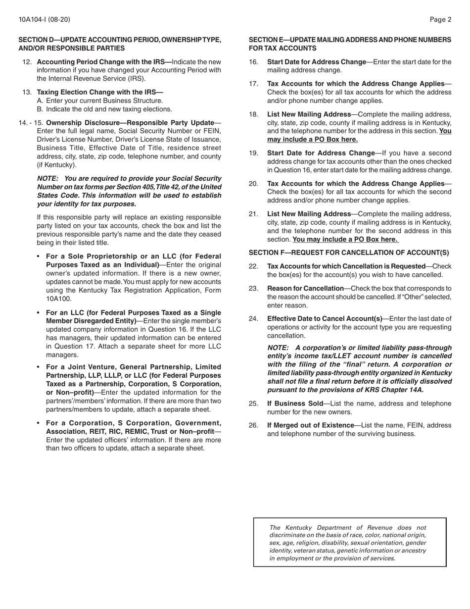 Instructions for Form 10A104 Update or Cancellation of Kentucky Tax Account(S) - Kentucky, Page 2
