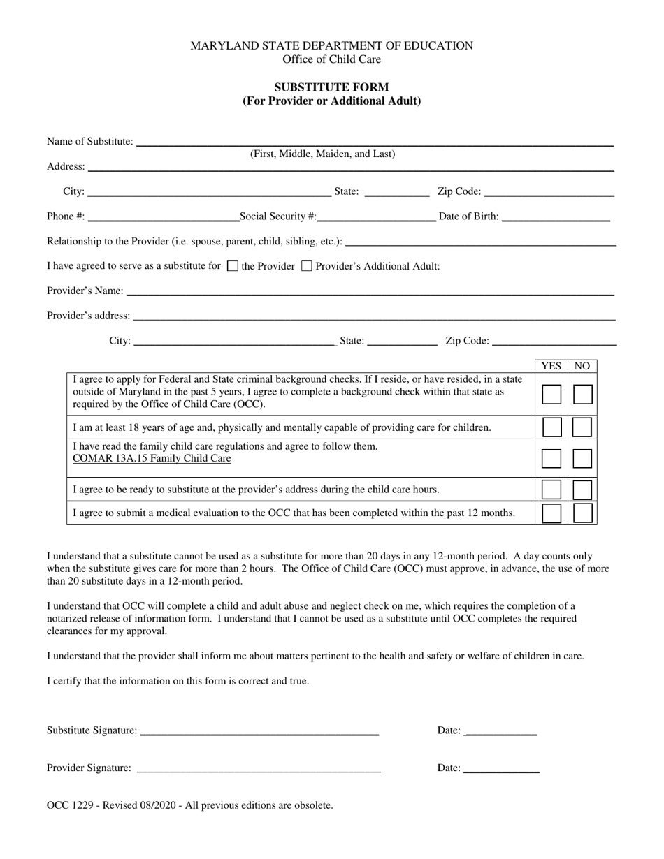 form occ1229 download fillable pdf or fill online substitute form for provider or additional adult maryland templateroller