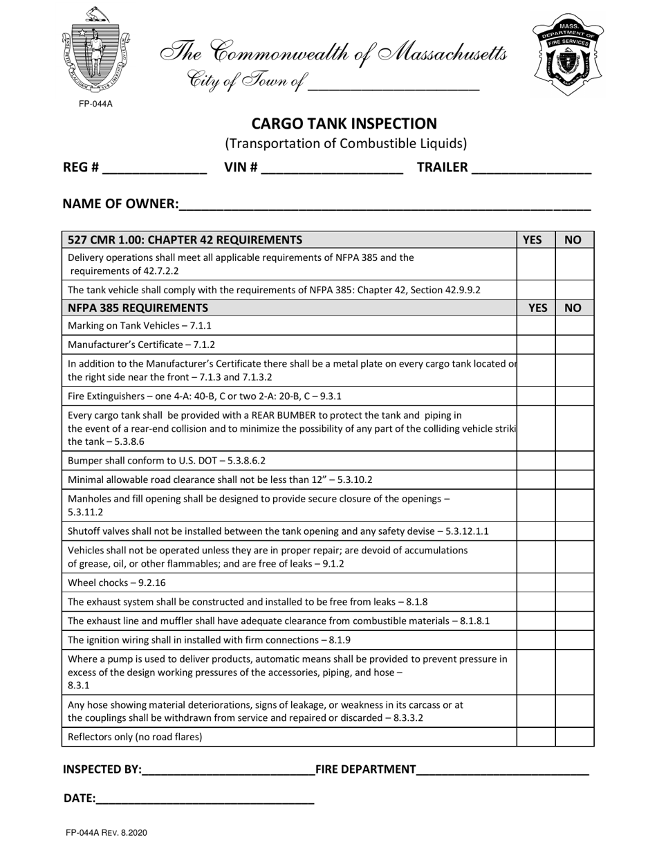 Form FP-044A Cargo Tank Inspection - Massachusetts, Page 1