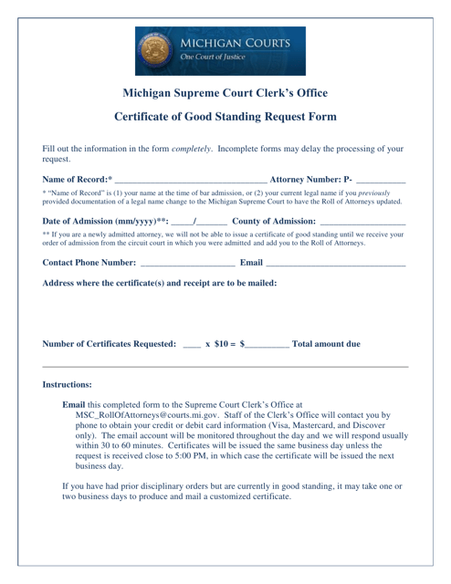 Certificate of Good Standing Request Form for Emailng - Michigan Download Pdf