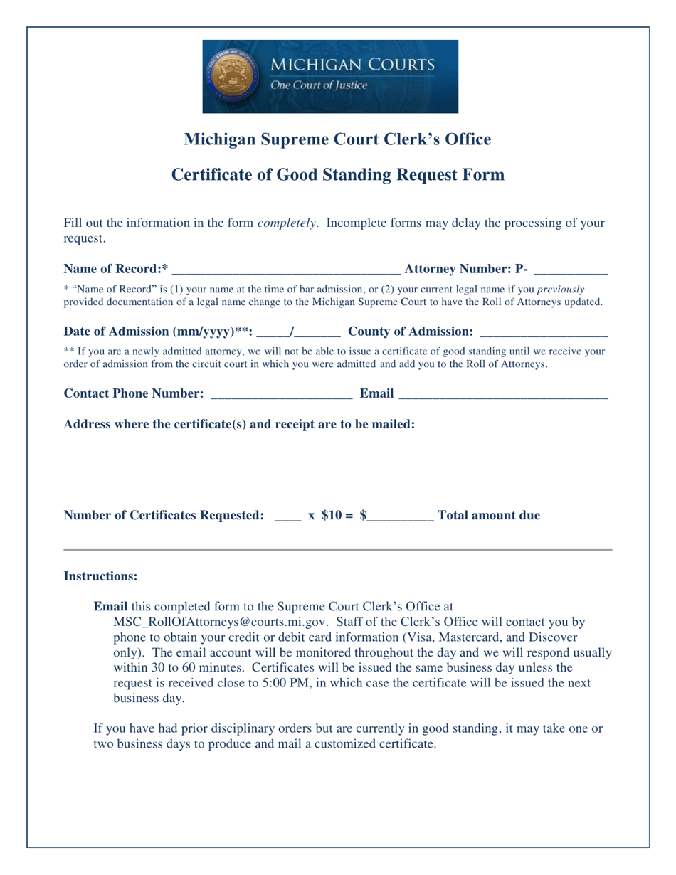 Certificate of Good Standing Request Form for Emailng - Michigan, Page 1
