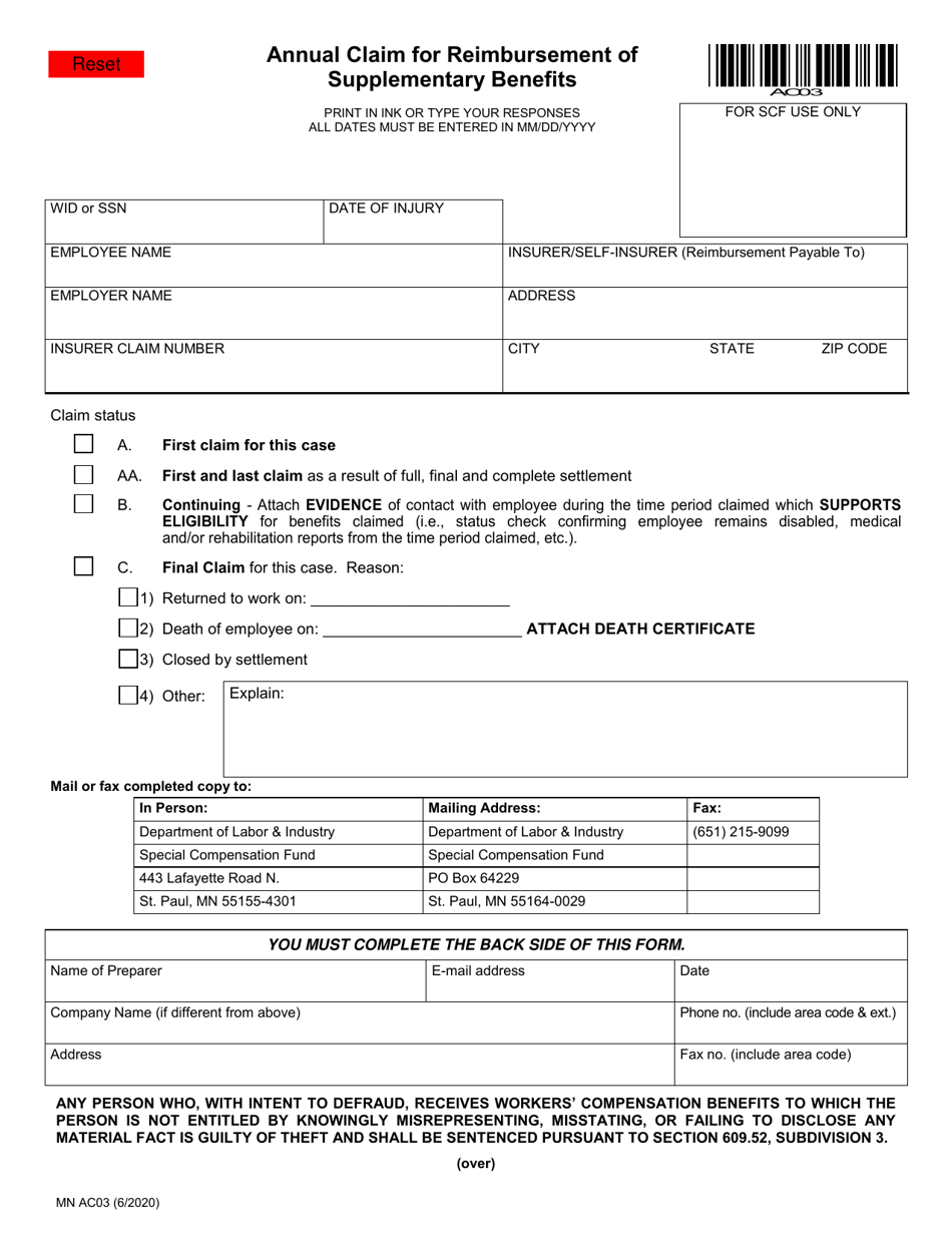 Form MN AC03 Annual Claim for Reimbursement of Supplementary Benefits - Minnesota, Page 1