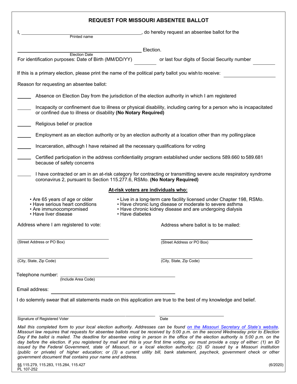 Form PL107-252 Request for Missouri Absentee Ballot - Missouri, Page 1