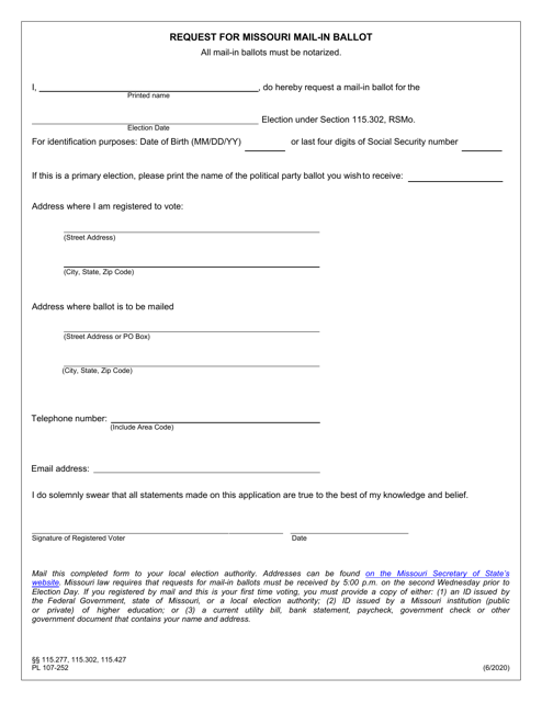 Form PL107-252 Request for Missouri Mail-In Ballot - Missouri