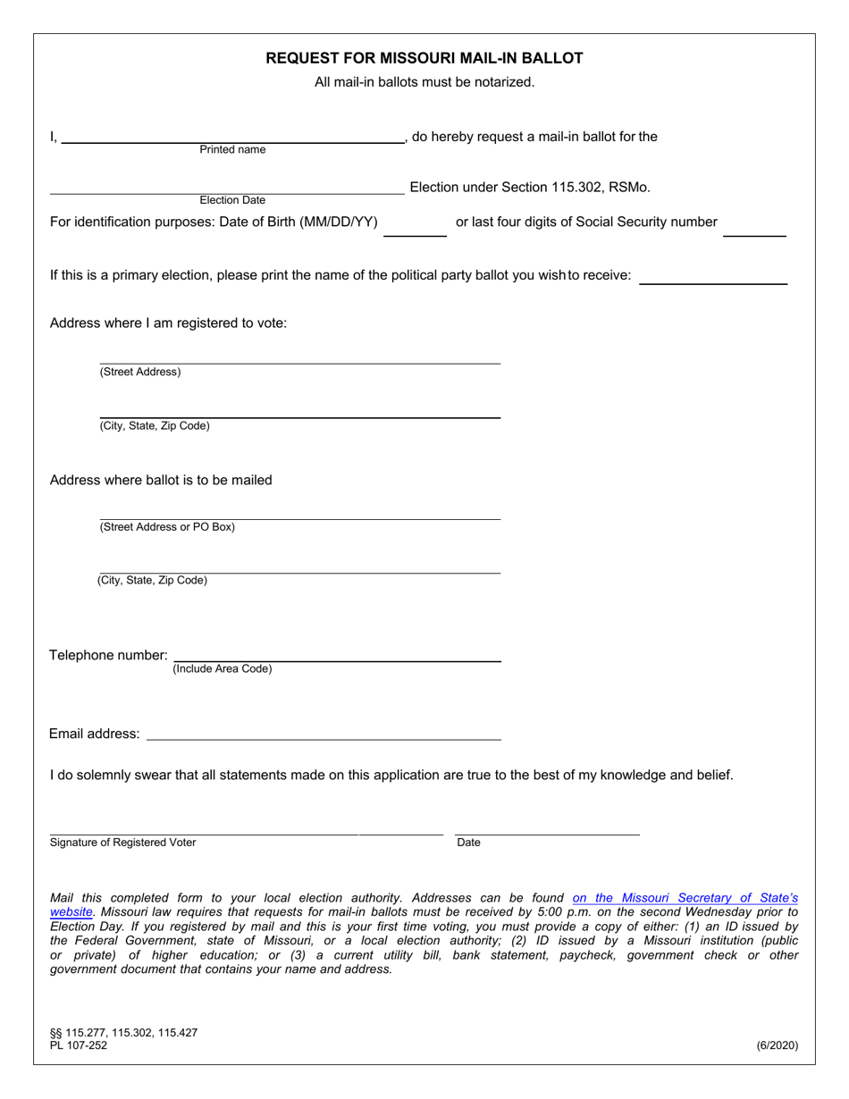 Form PL107-252 Request for Missouri Mail-In Ballot - Missouri, Page 1