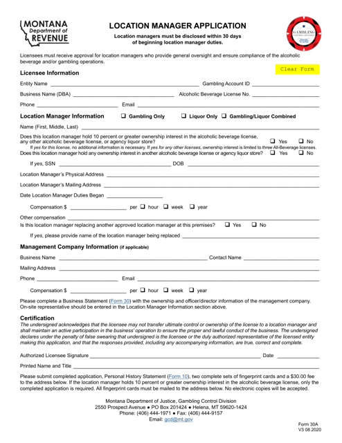Form 30A Location Manager Application - Montana