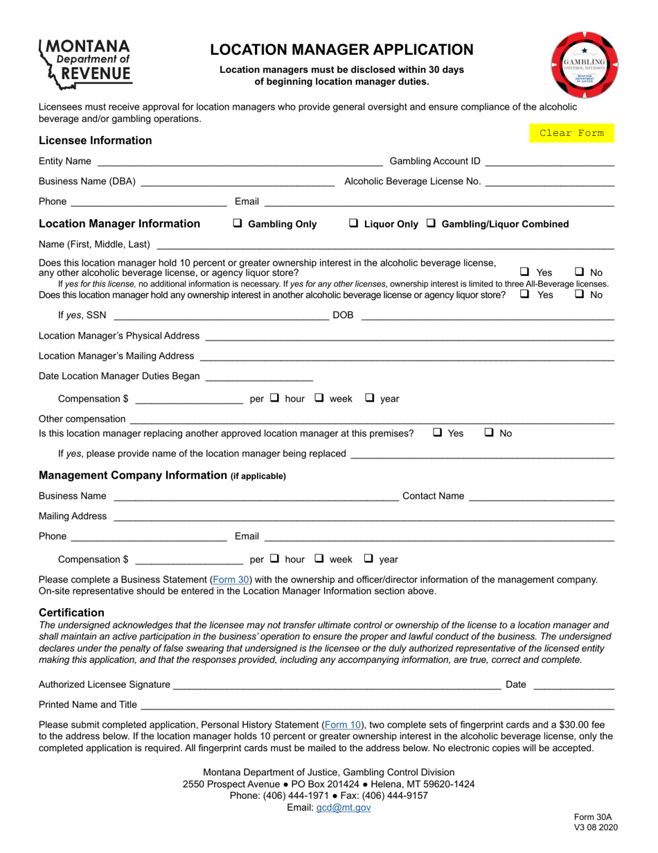 Form 30A Location Manager Application - Montana, Page 1