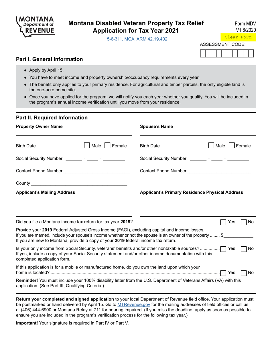 Form MDV Montana Disabled Veteran Property Tax Relief Application - Montana, Page 1