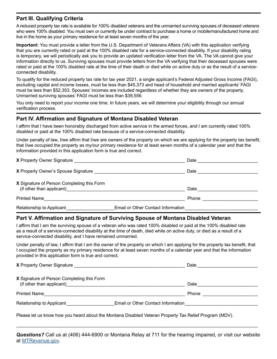 Form MDV Montana Disabled Veteran Property Tax Relief Application - Montana, Page 2
