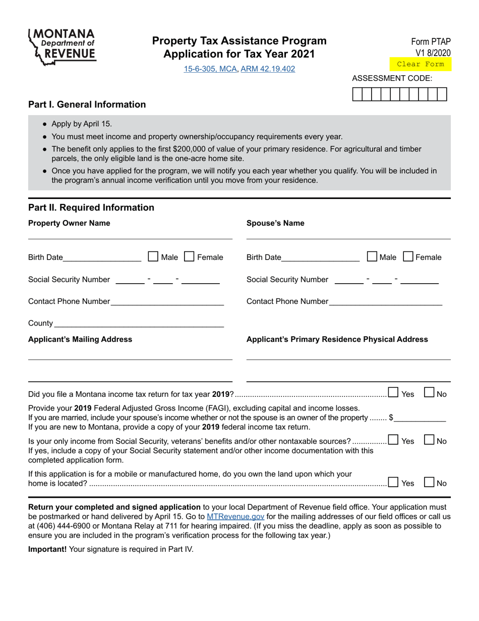 Form PTAP Property Tax Assistance Program Application - Montana, Page 1