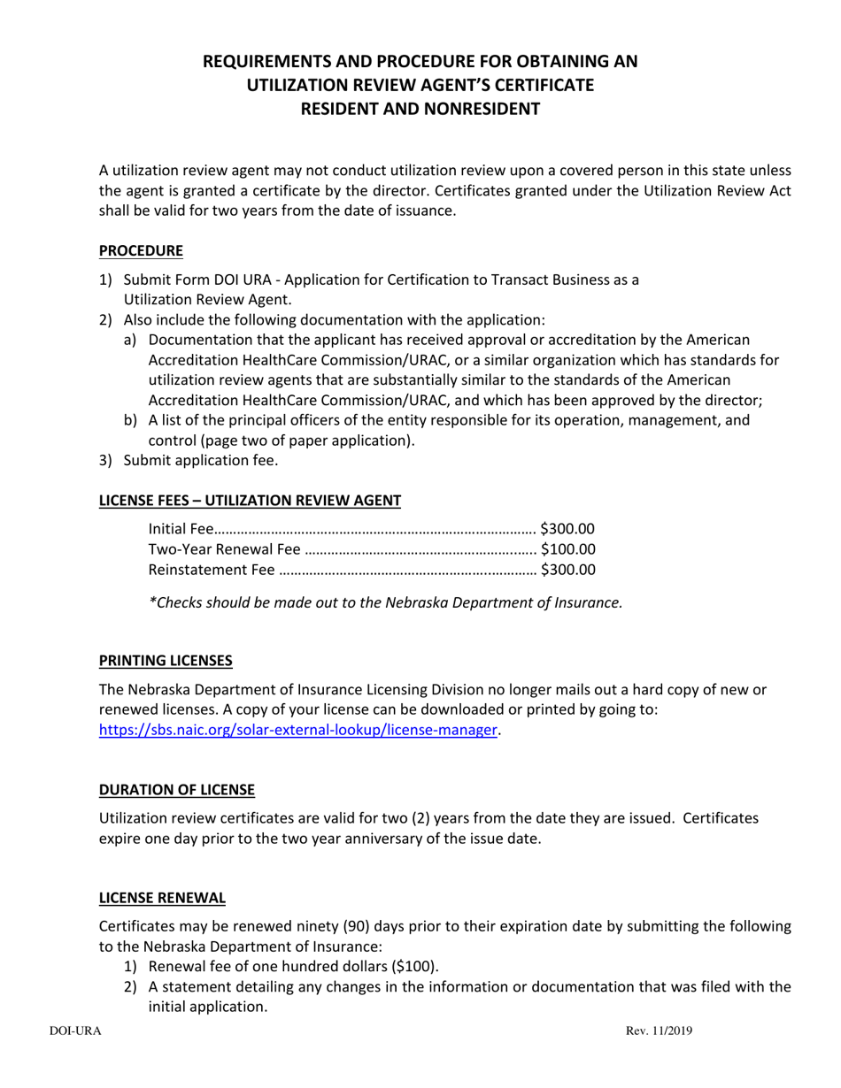 Form DOI-URA Application for Certificate to Transact Business as a Utilization Review Agent - Nebraska, Page 1