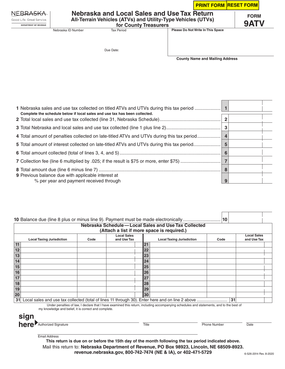 Form 9ATV Nebraska and Local Sales and Use Tax Return All-terrain Vehicles (Atvs) and Utility-type Vehicles (Utvs) for County Treasurers - Nebraska, Page 1