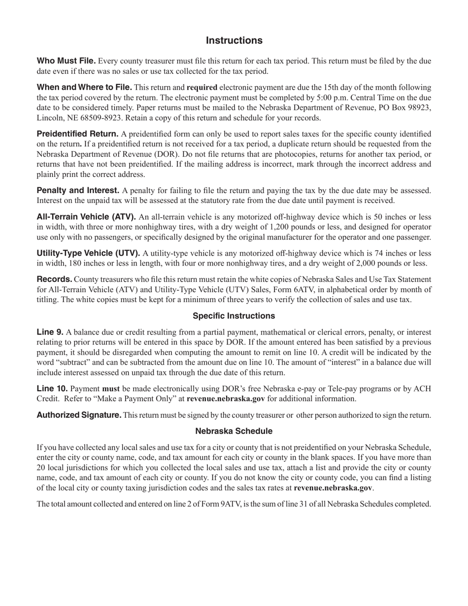 Form 9ATV Nebraska and Local Sales and Use Tax Return All-terrain Vehicles (Atvs) and Utility-type Vehicles (Utvs) for County Treasurers - Nebraska, Page 2