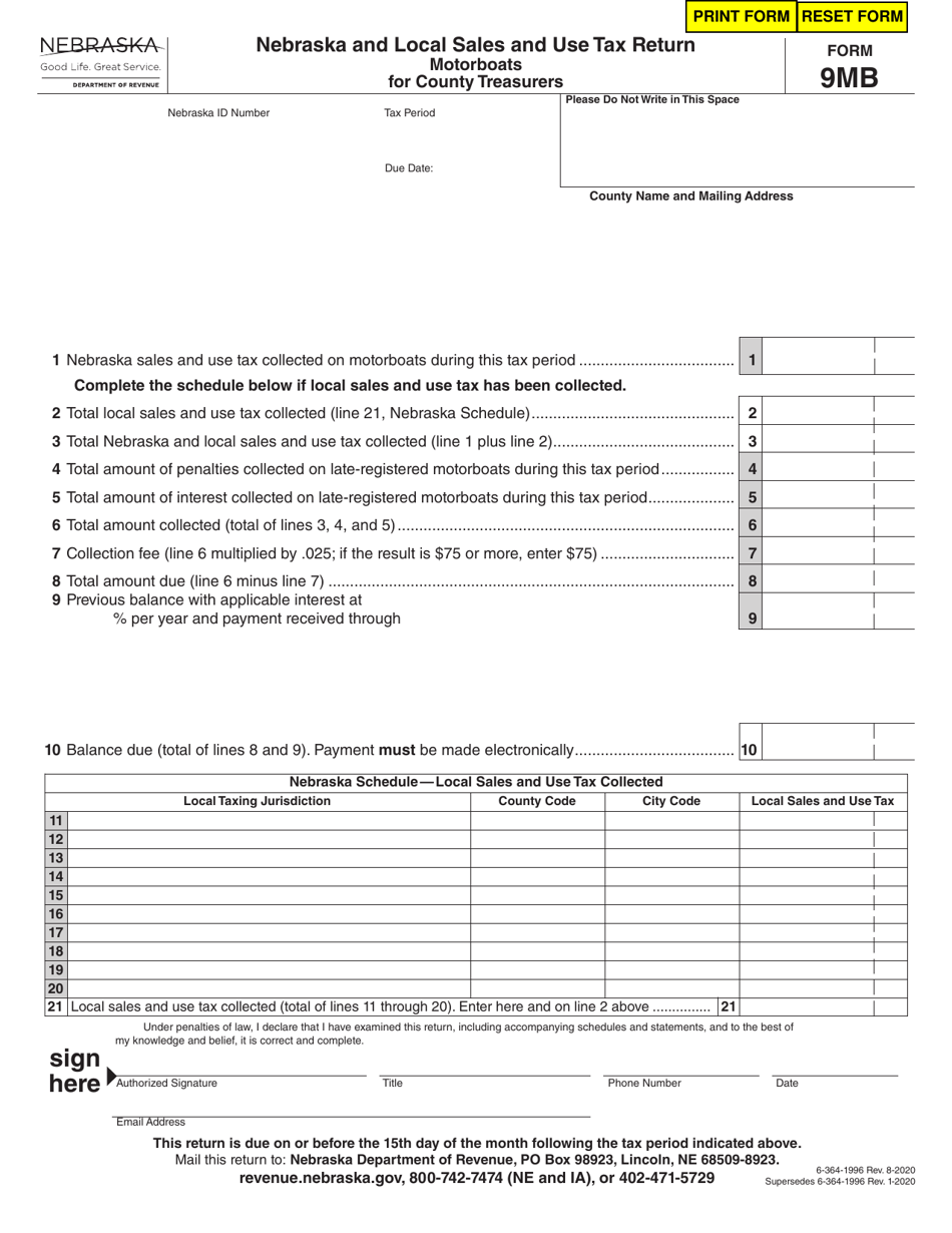 Form 9MB Nebraska and Local Sales and Use Tax Return Motorboats for County Treasurers - Nebraska, Page 1